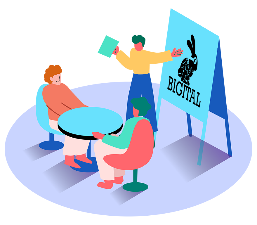 A graphic of 3 people around a table, with one holding a clipboard and presenting Bigital's logo on a board.